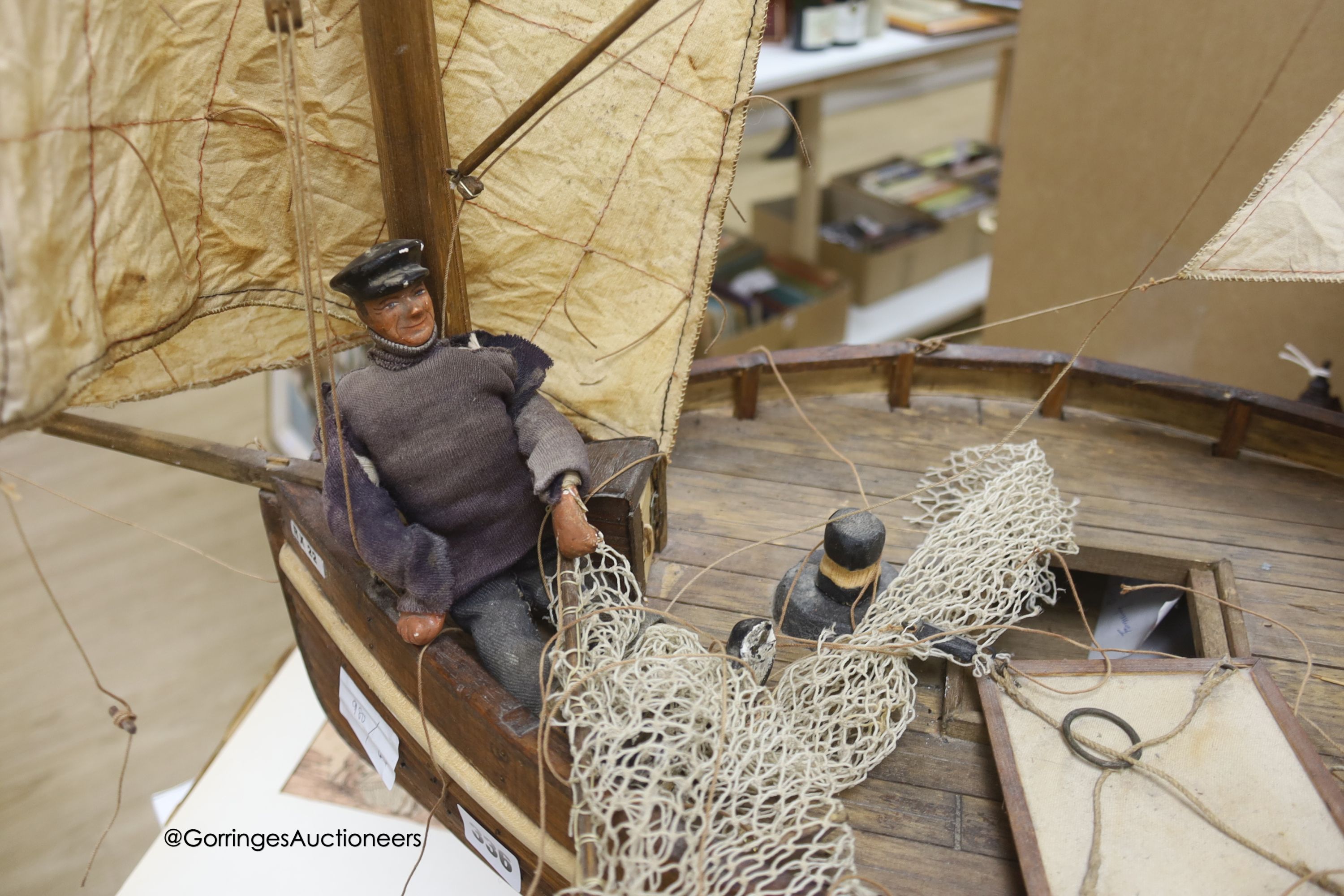A clinker-built wood sailing boat model, hull 64cm